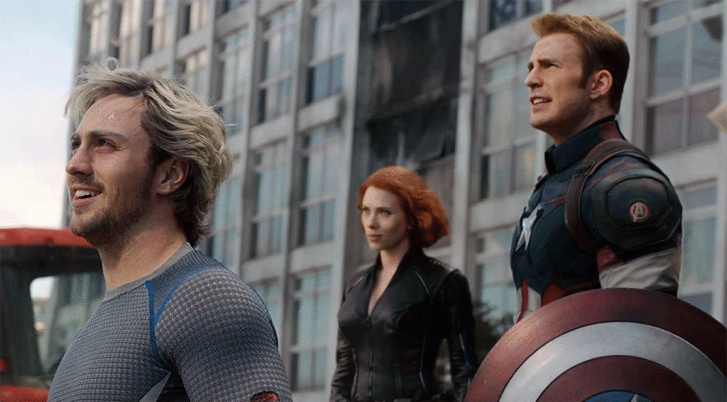 Quicksilver, Black Widow and Captain America in Avengers: Age of Ultron