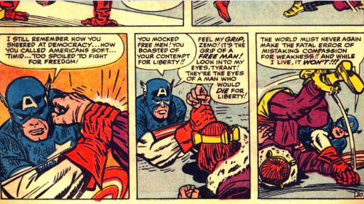 Captain America fights Baron Zemo in Avengers #6