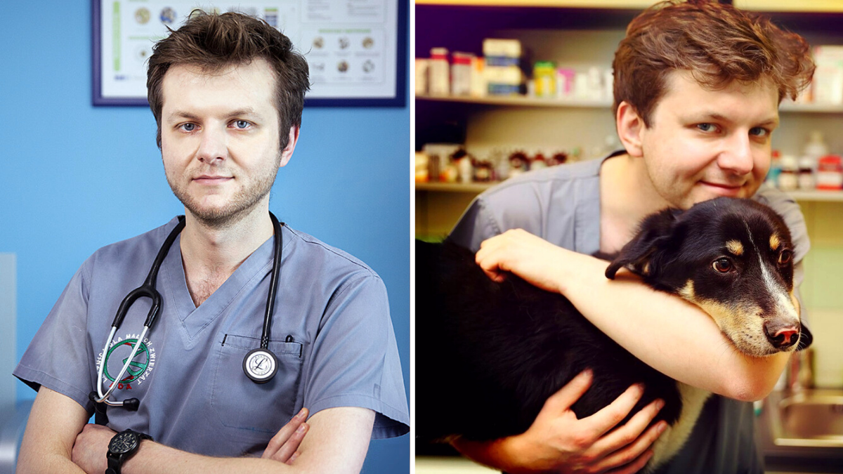 the picture contains 2 images separated by a white line; the picture on the left is of a man standing with his arms crossed with a stethoscope around his neck and the picture on the right is of the same man hugging a black dog