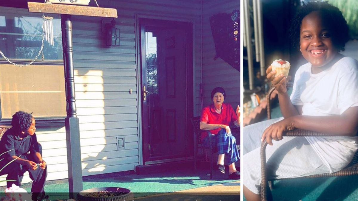 the picture contains 2 images separated by a white line; the picture on the left is of an elderly woman and young boy sitting on a porch and the picture on the right is of a little boy holding a cupcake and smiling