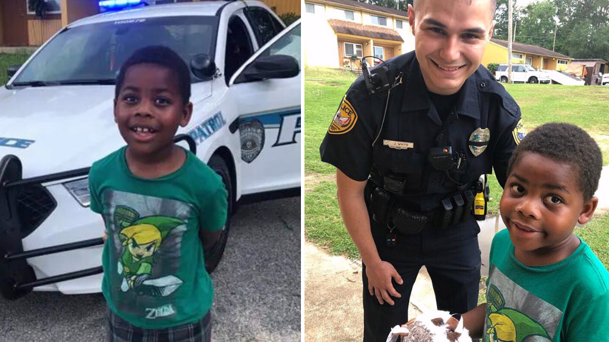 boy standing in front of police car, and boy taking a photo with a police officer