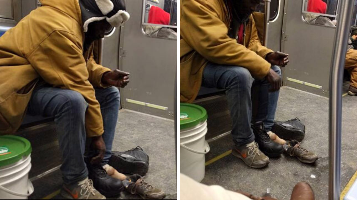 man in mustard yellow jacket in subway wearing torn shoes
