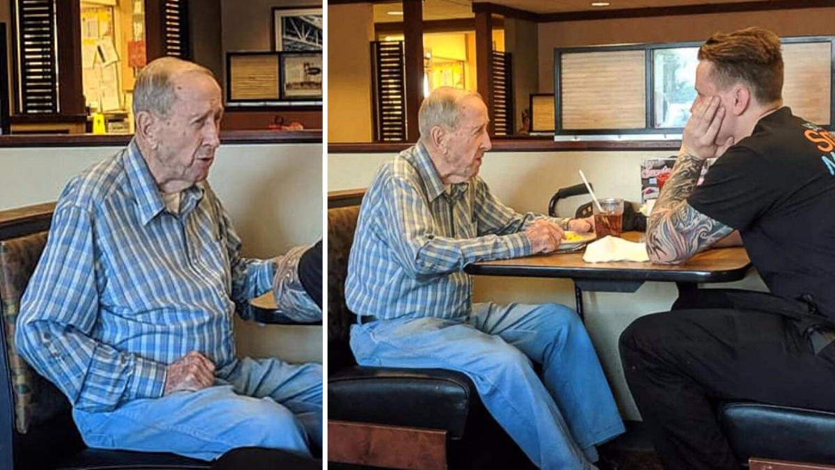 the image contains 2 pictures separated by a white line; the picture on the left is of an elderly man and the picture on the right is of the elderly man talking to a man wearing a black t-shirt