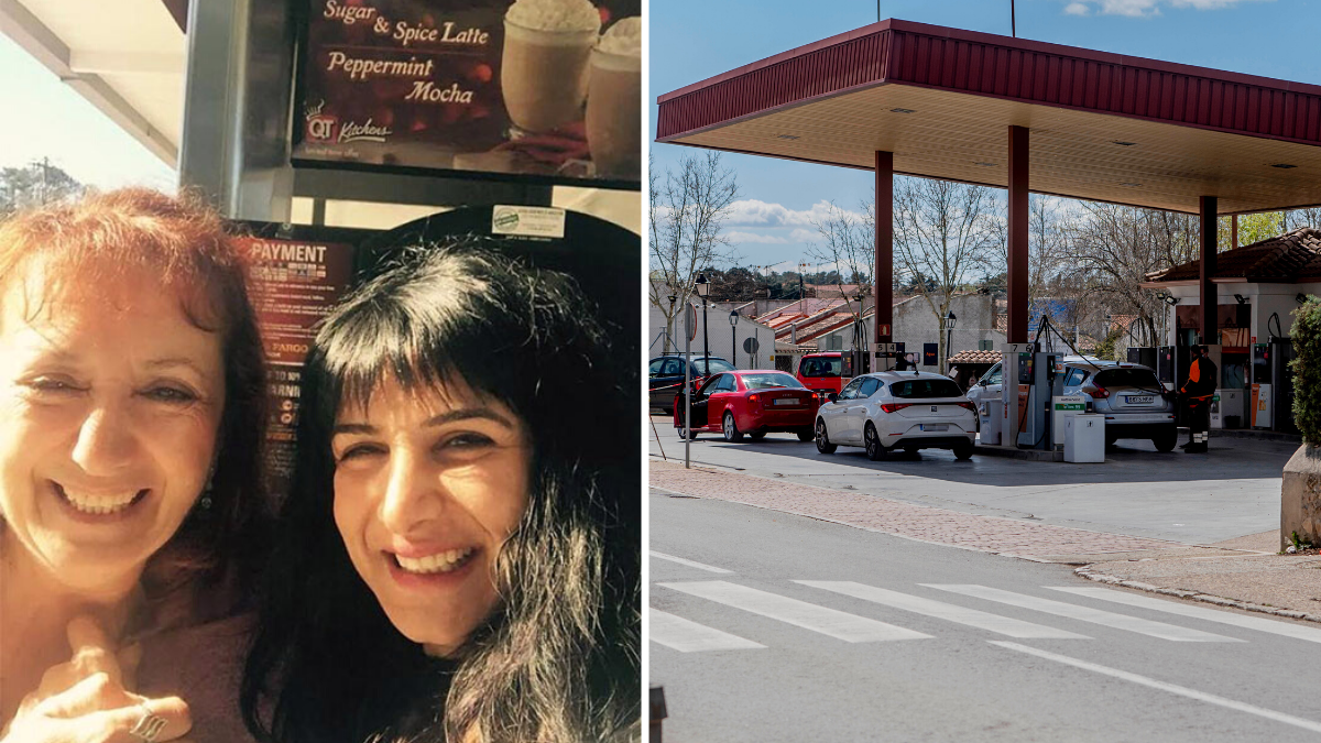 the image contains 2 pictures separated by a white line; the picture on the left is of 2 women and the picture on the right is of a gas station