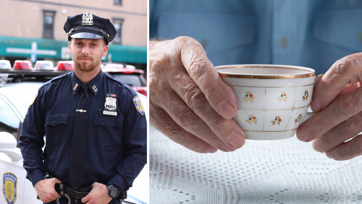 police officer and elderly person holding cup of tea
