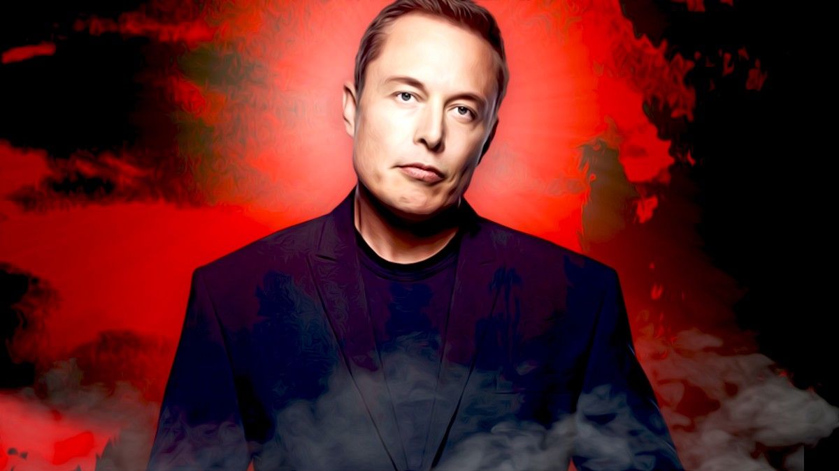 Elon Musk looking like the devil against a red backdrop