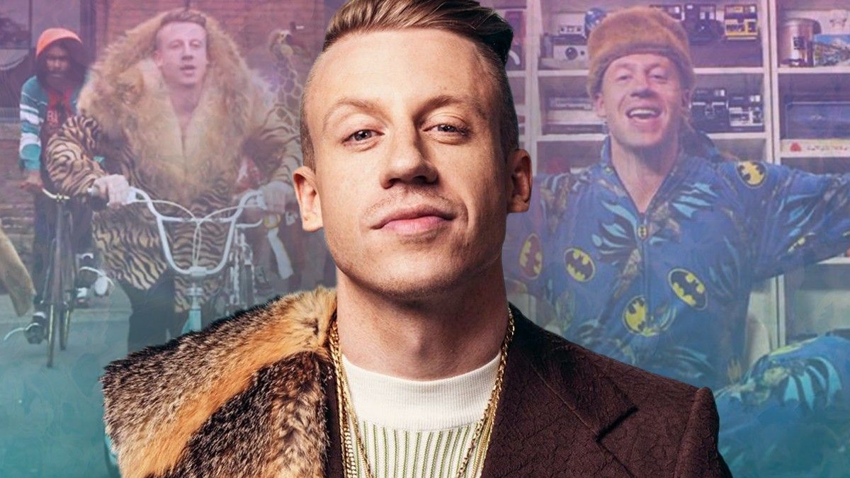 Macklemore smiling in front of scenes from Thrift Shop
