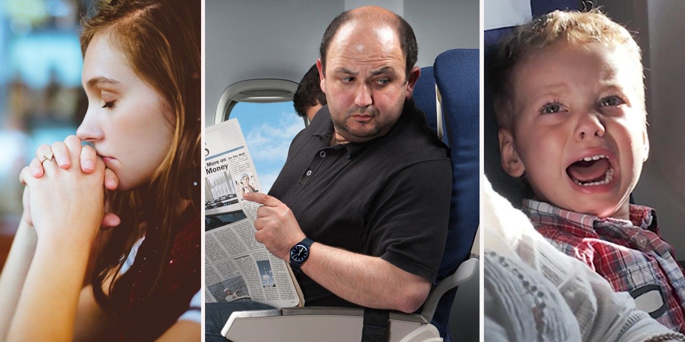 Mother prays while man on plane looks annoyed at screaming kid