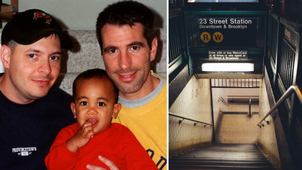 two men and a baby and NYC subway station