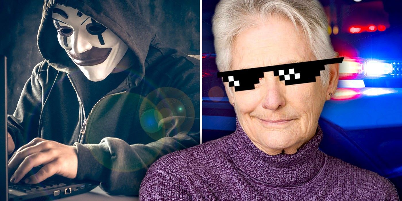 Old woman in meme sunglasses next to Annonymous hacker and police lights