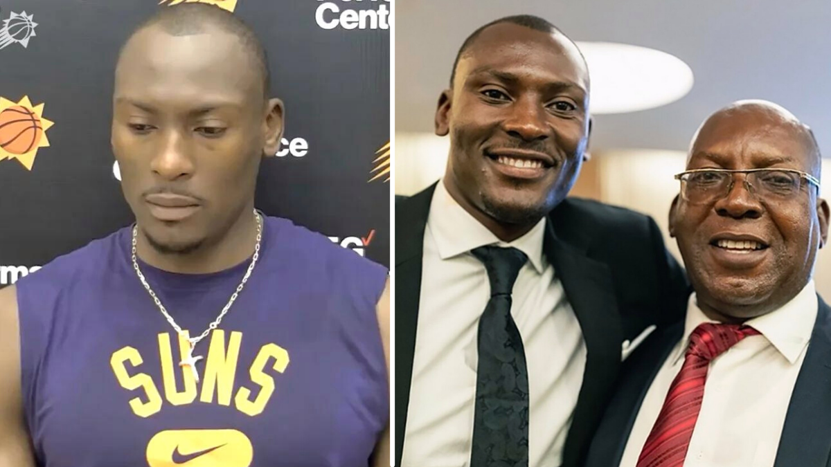 Bismack Biyombo in a purple Phoenix Suns Jersey and him with his father