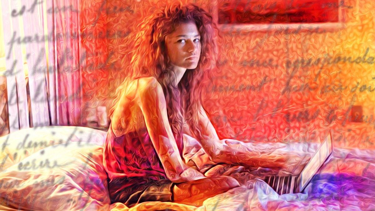 Trippy Euphoria image of Zendaya's rue on a bed witha. computer