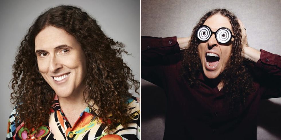 Weird Al Yankovic smiling and screaming with spiral glasses