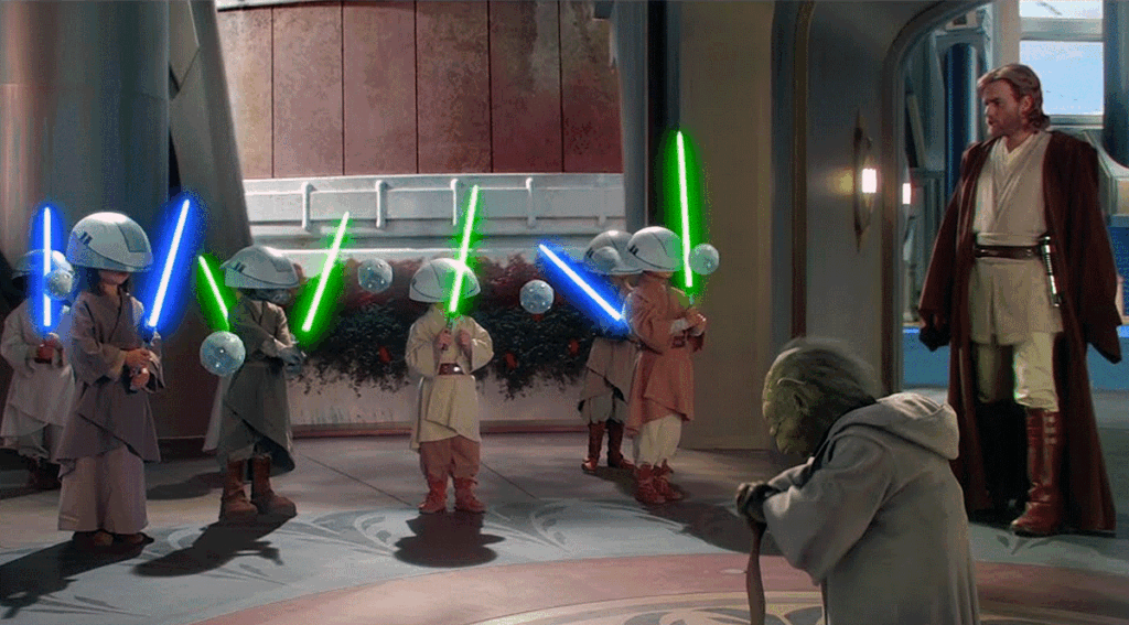 Ewan McGregor as Obi-Wan Kenobi, with Yoda and Jedi younglings, in Star Wars: Attack of the Clones (2002)