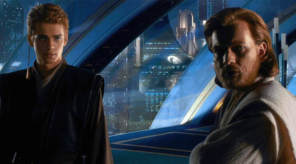 Hayden Christensen as Anakin Skywalker and Ewan McGregor as Obi-Wan Kenobi in Star Wars: Attack of the Clones (2002)