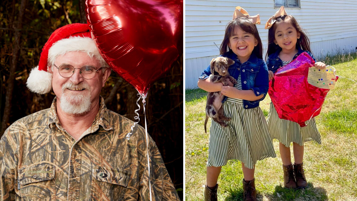 man wearing a Santa hat and holding a red balloon and twin girls