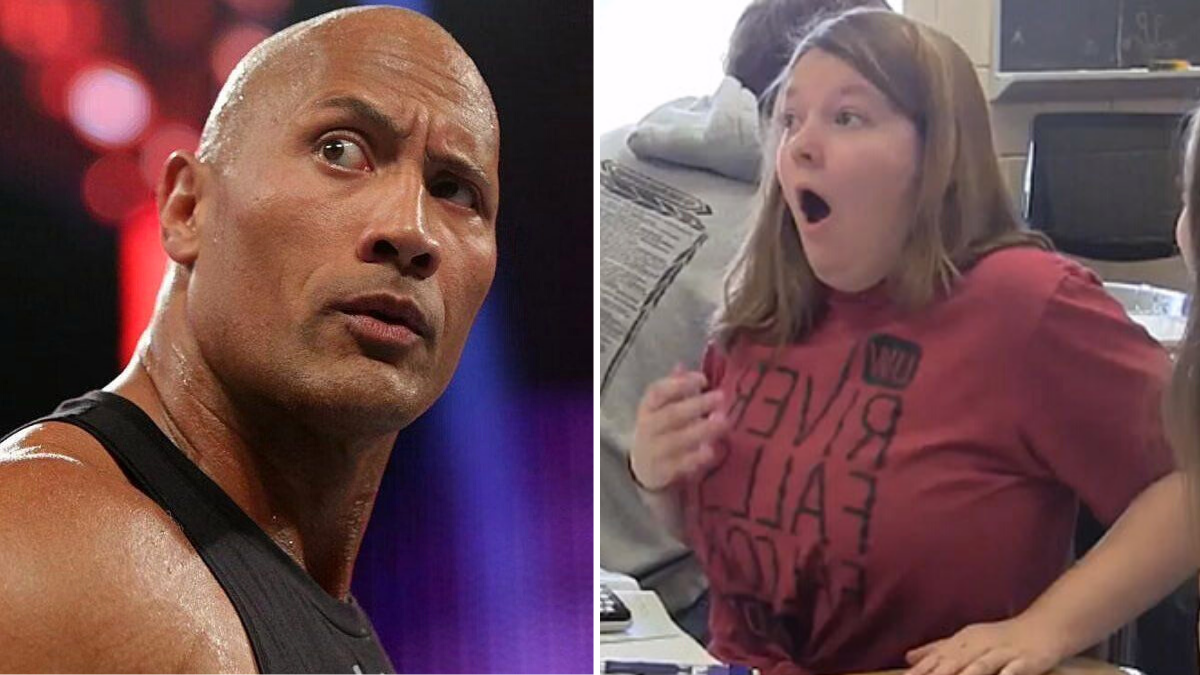 the rock lifting his eyebrow and a surprised girl