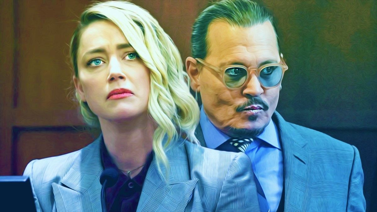Amber Heard and Johnny Depp looking worried during their trial