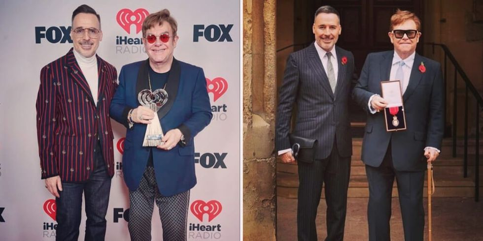 Elton John and husband David Furnish pose with awards on red carpets