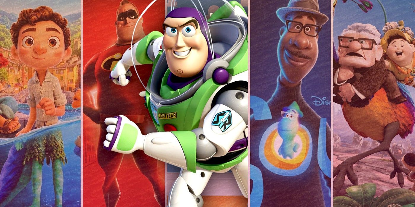 Pixar movie posters for luca, incredibles, toy story, soul and up