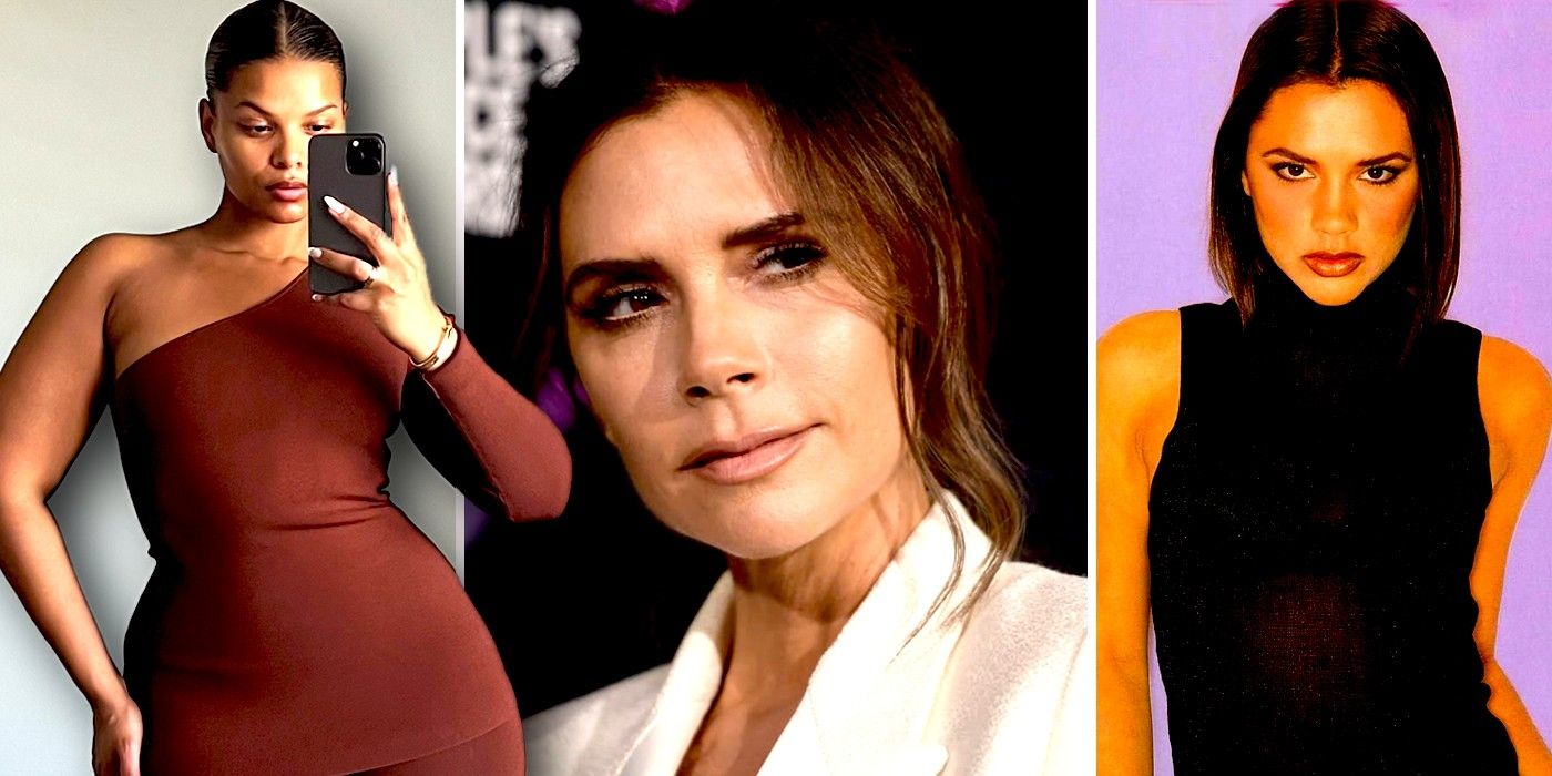 Victoria Beckham looking at a pic of Posh Spice with new curvy fashion brand model