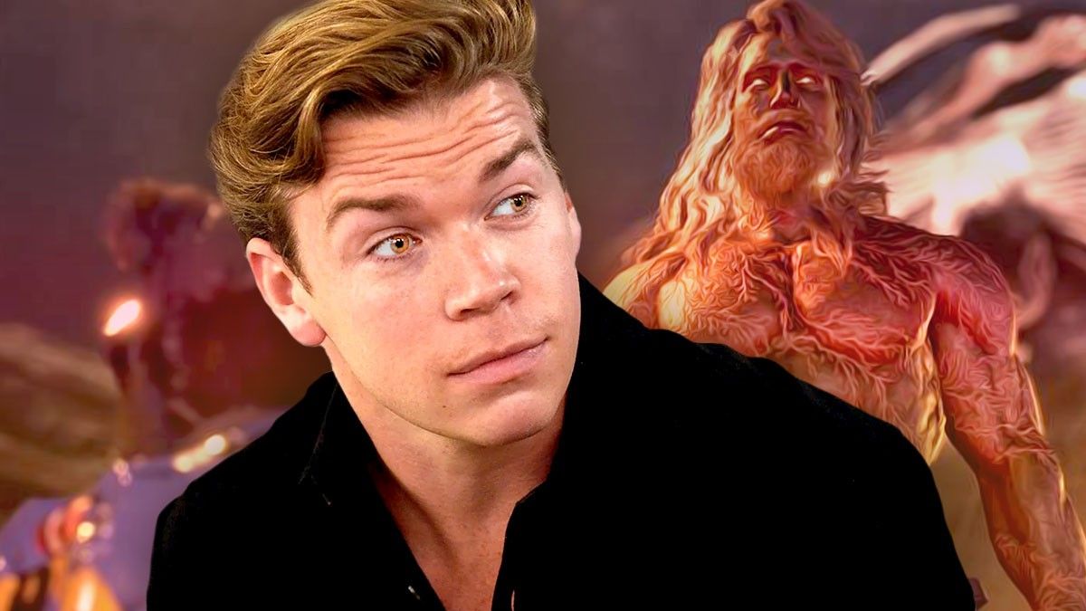 Will Poulter looking at the Guardians of the Galaxy video game Adam Warlock's muscular body