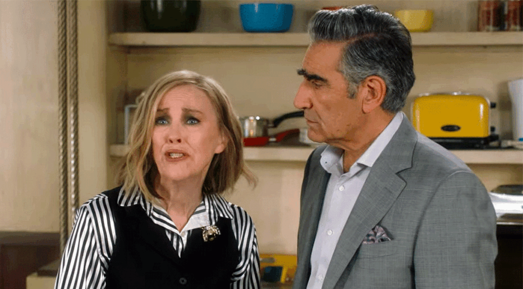 Catherine O'Hara as Moira Rose and Eugene Levy as Johnny Rose on Schitt's Creek