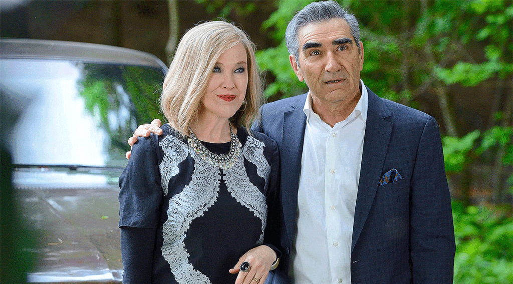 Catherine O'Hara as Moira Rose and Eugene Levy as Johnny Rose on Schitt's Creek