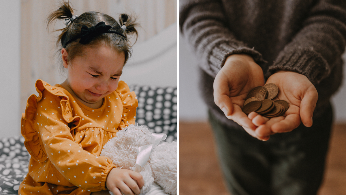 little girl crying and person holding coins in their hands