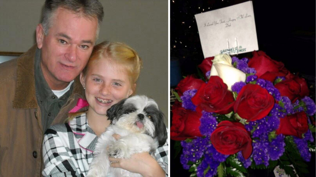 man and little girl holding a dog and a bouquet of flowers