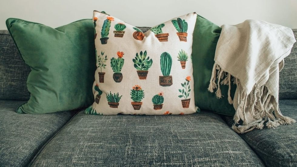 couch with 3 green cushions on it, one cushion has cacti on it
