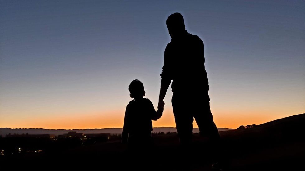 father and son holding hands silhouette
