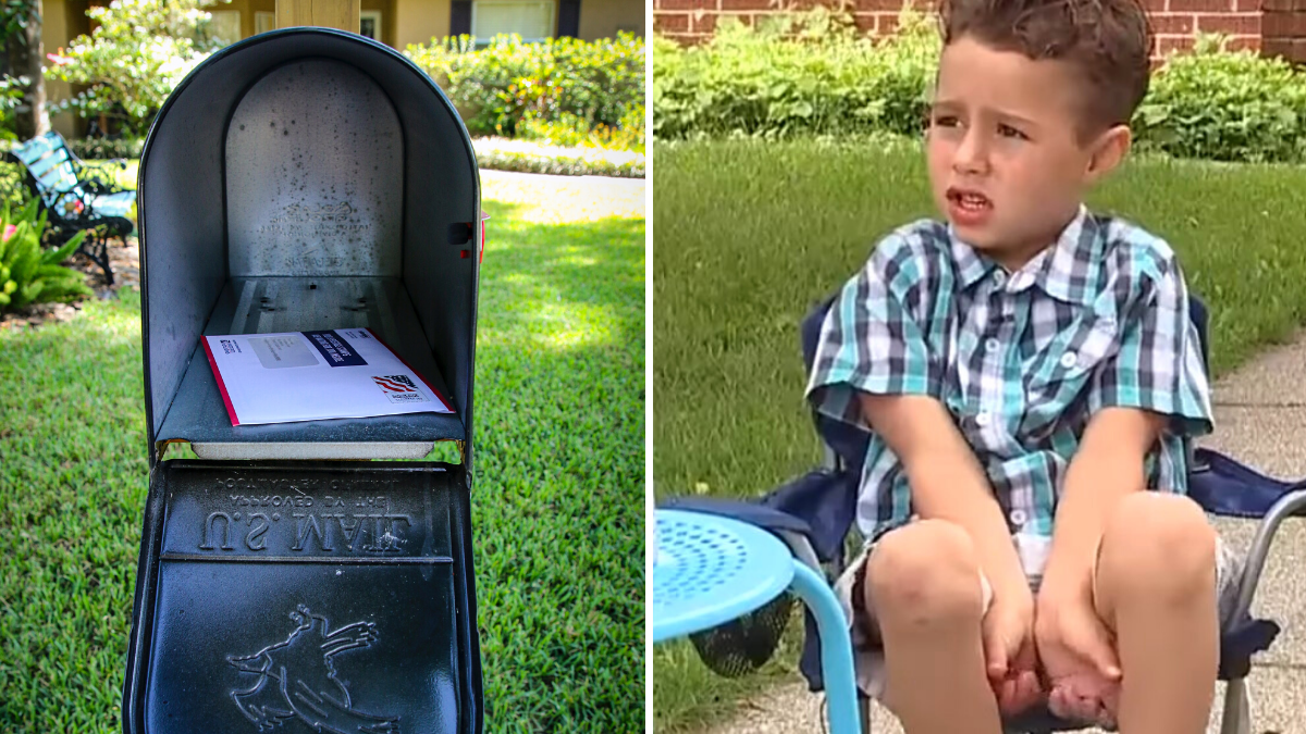 open mailbox with letters and little boy sitting in a garden