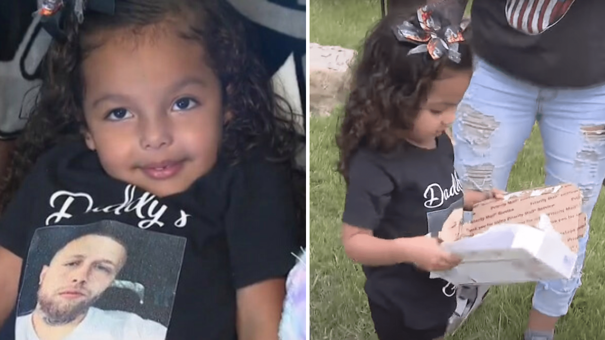 little girl wearing a black shirt with a man's face on it and little girl opening a package in the mail