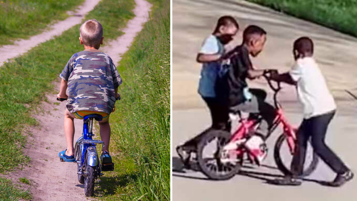 little boy riding a bike and kids helping a boy on a bike