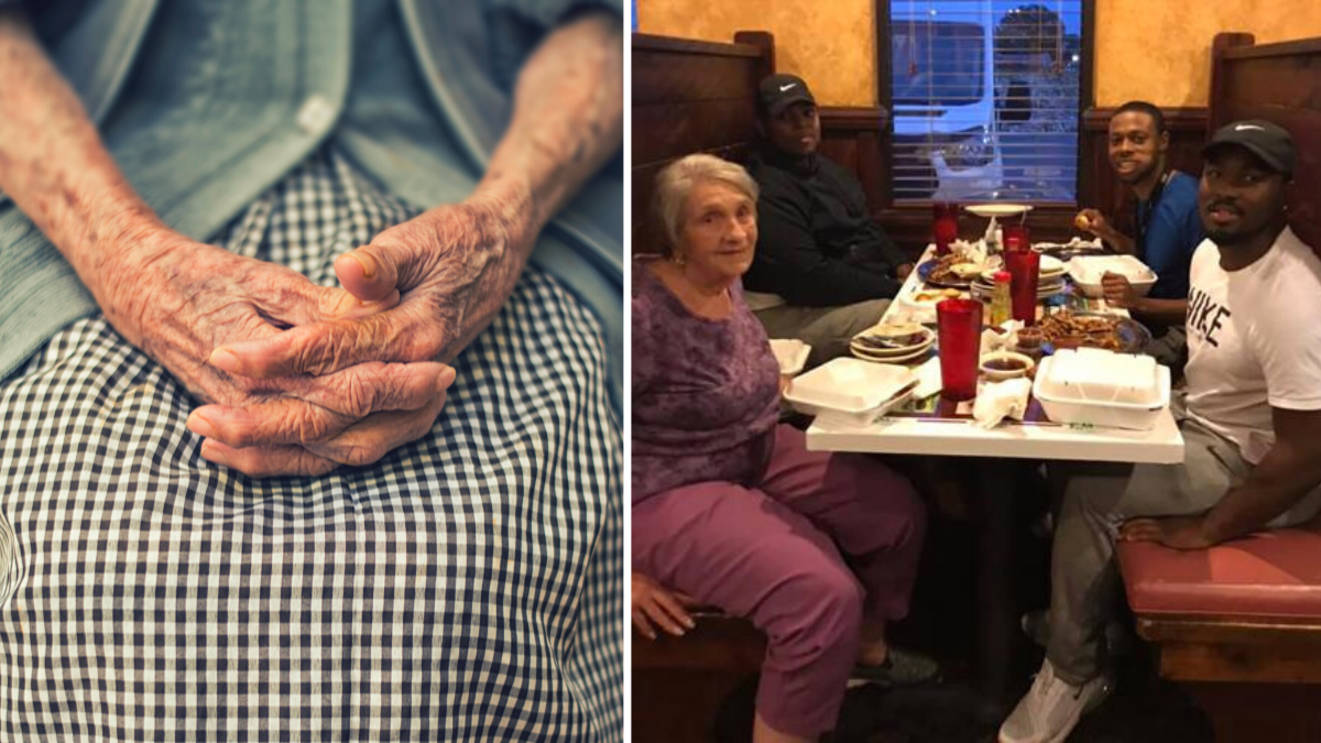 elderly woman's hands and three men eating dinner with an elderly woman
