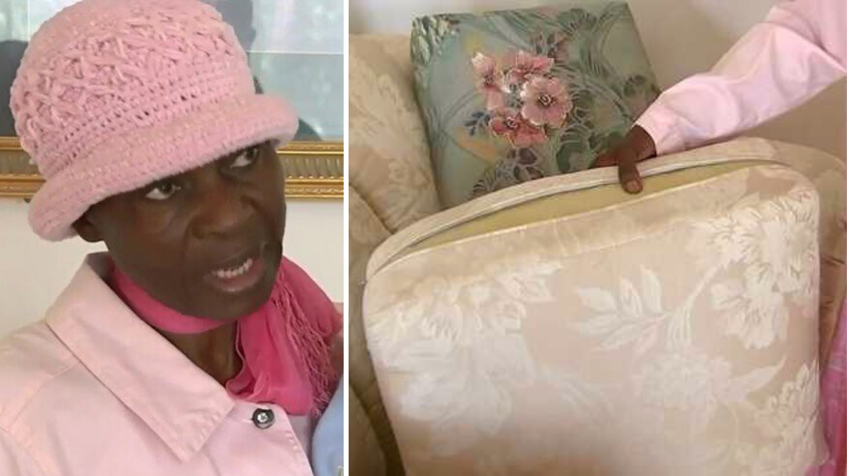 woman wearing a pink outfit and bucket hat and a couch cushion
