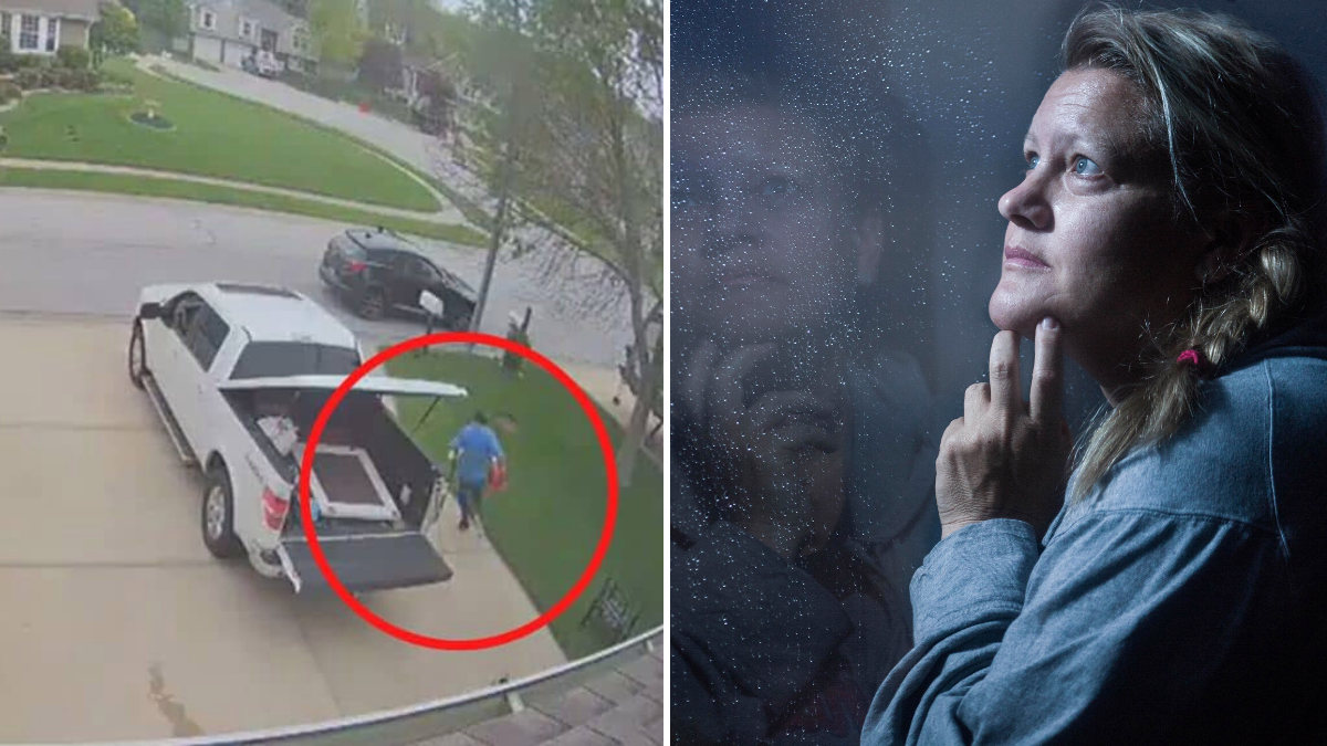 security camera footage of man near a truck and a woman thinking in front of a window