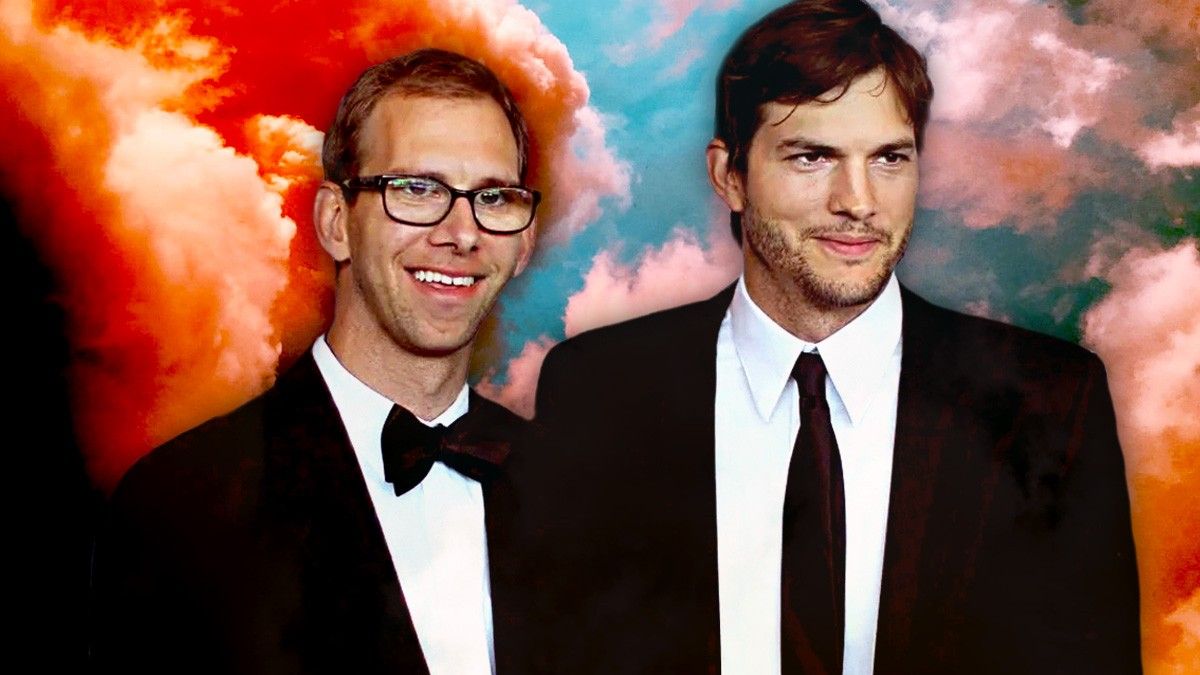 Ashton and Michael Kutcher in front of a cloudy backdrop