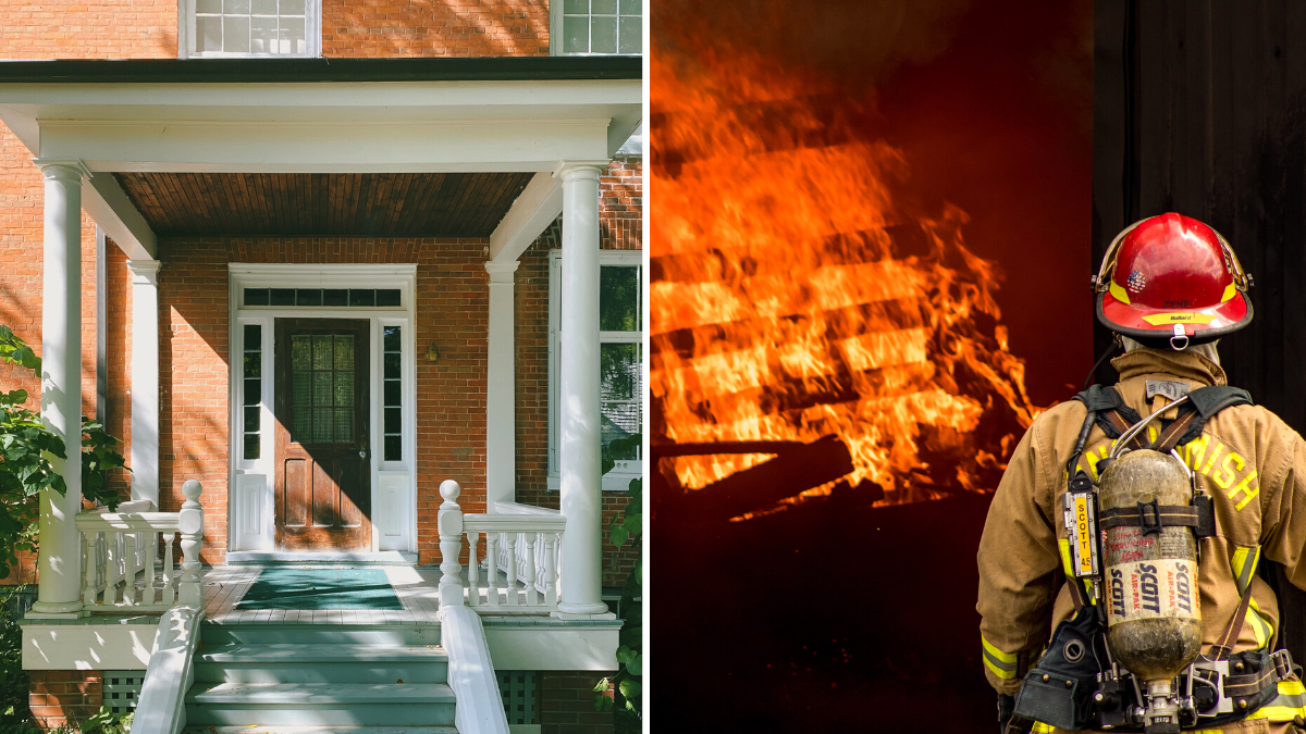 front door of a house and a firefighter standing in front of a fire