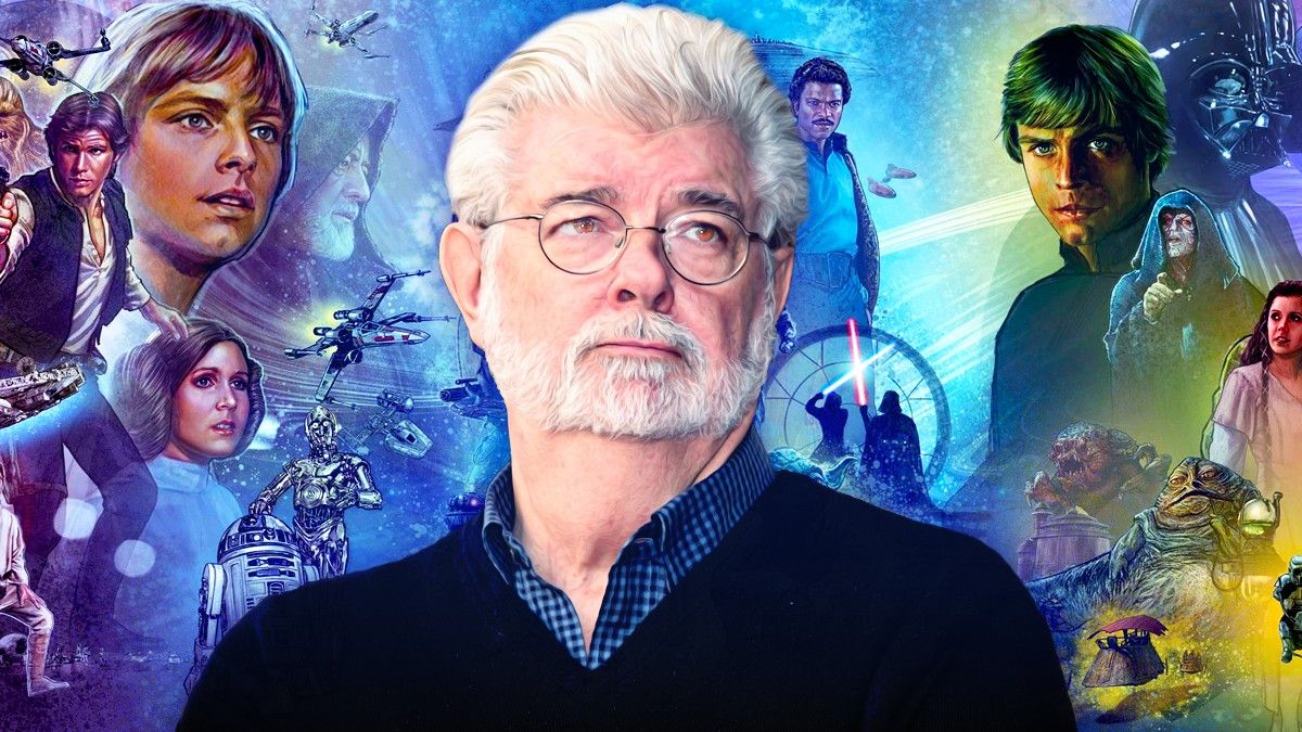 George Lucas against a Star Wars backdrop