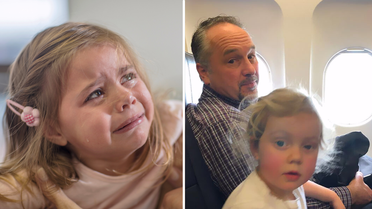 little girl crying and a little girl and a man on a flight
