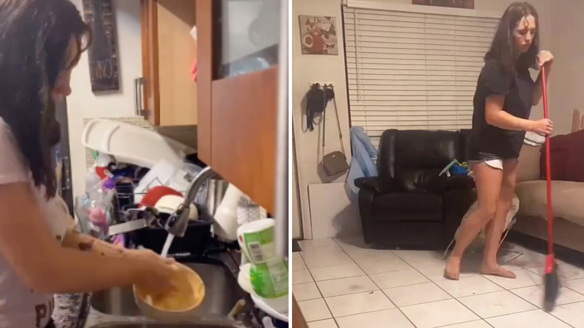woman cleaning dishes and sweeping the floor