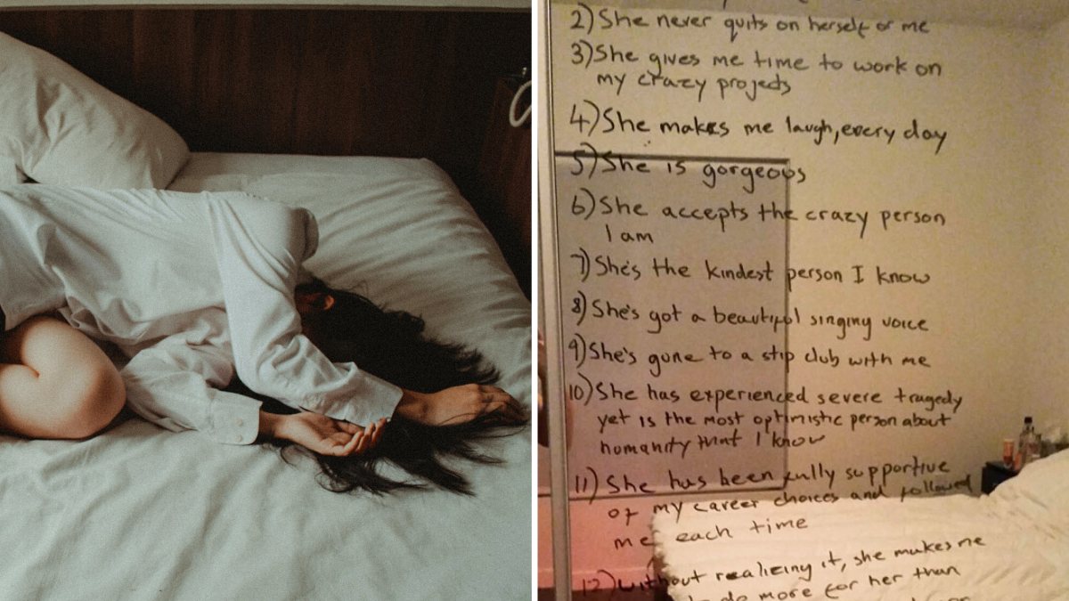 woman lying on bed and a mirror with a list written on it