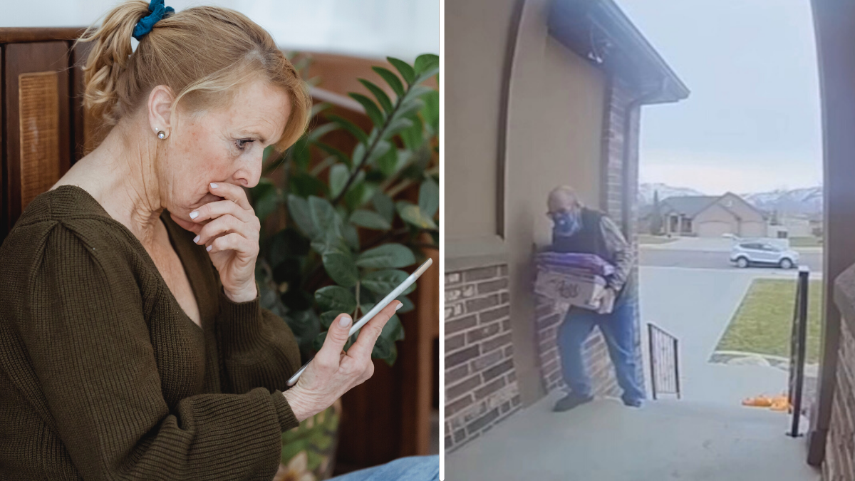 woman looking at an electronic device in surprise and an elderly man delivering parcels at a home