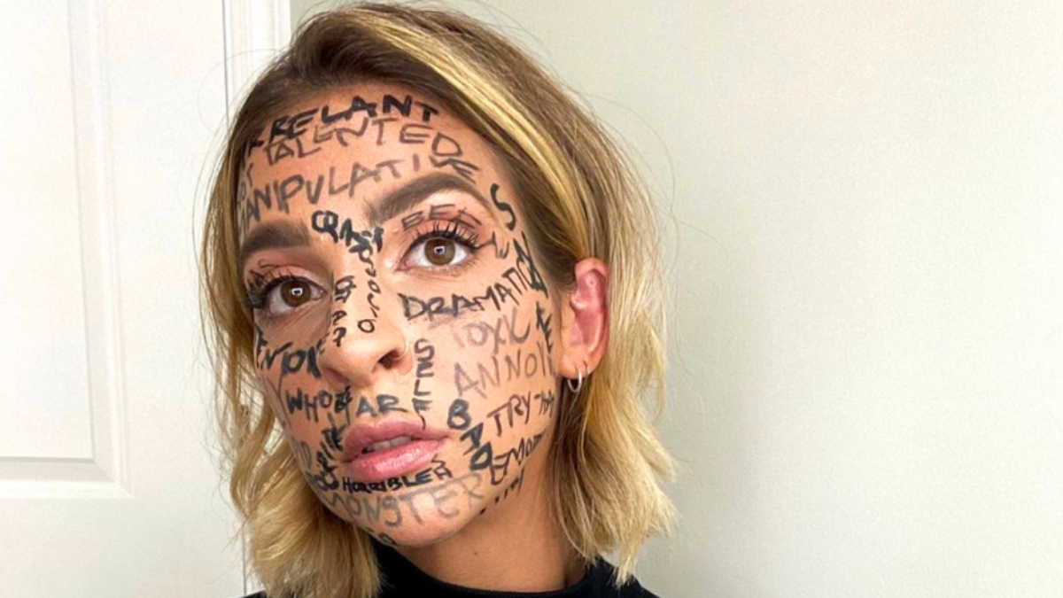 Gabbie Hanna looking in the distance with various words written across her face. "Relevant, talented, manipulative, etc."