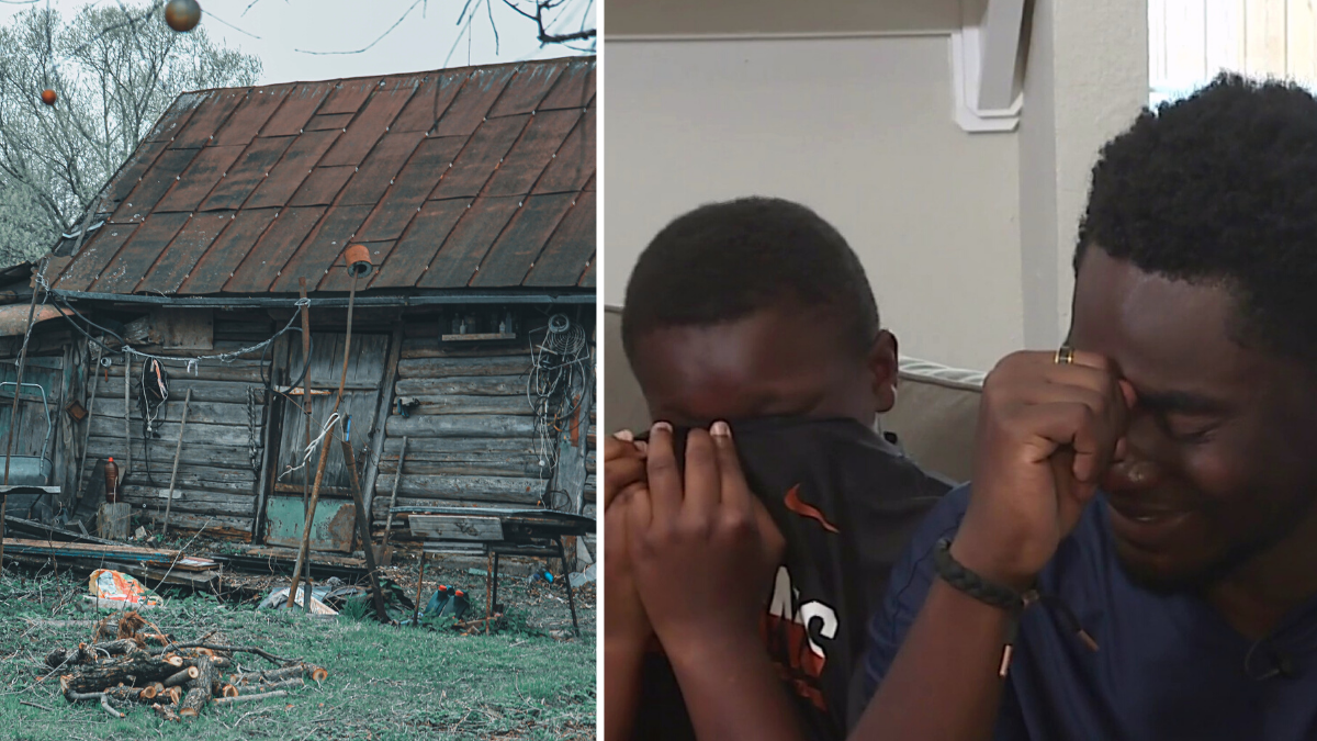 damaged house and 2 boys crying