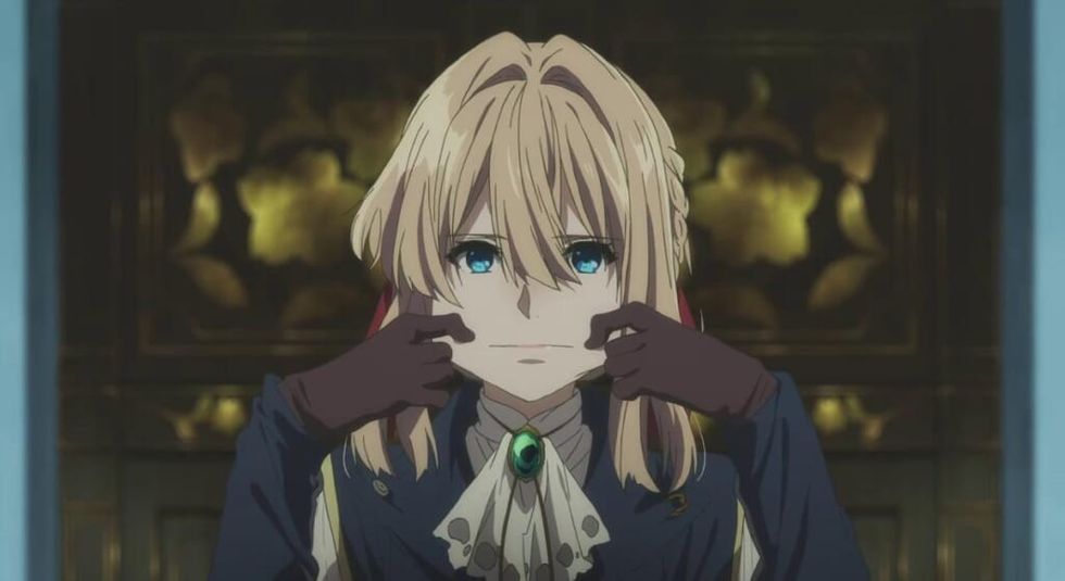 Violet Evergarden pulling her cheeks out with gloved hands