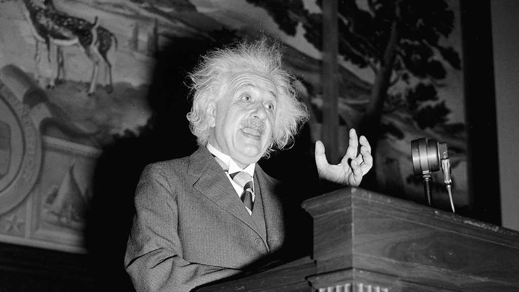 Albert Einstein speaking. Photo by Harris & Ewing, courtesy of the Library of Congress.