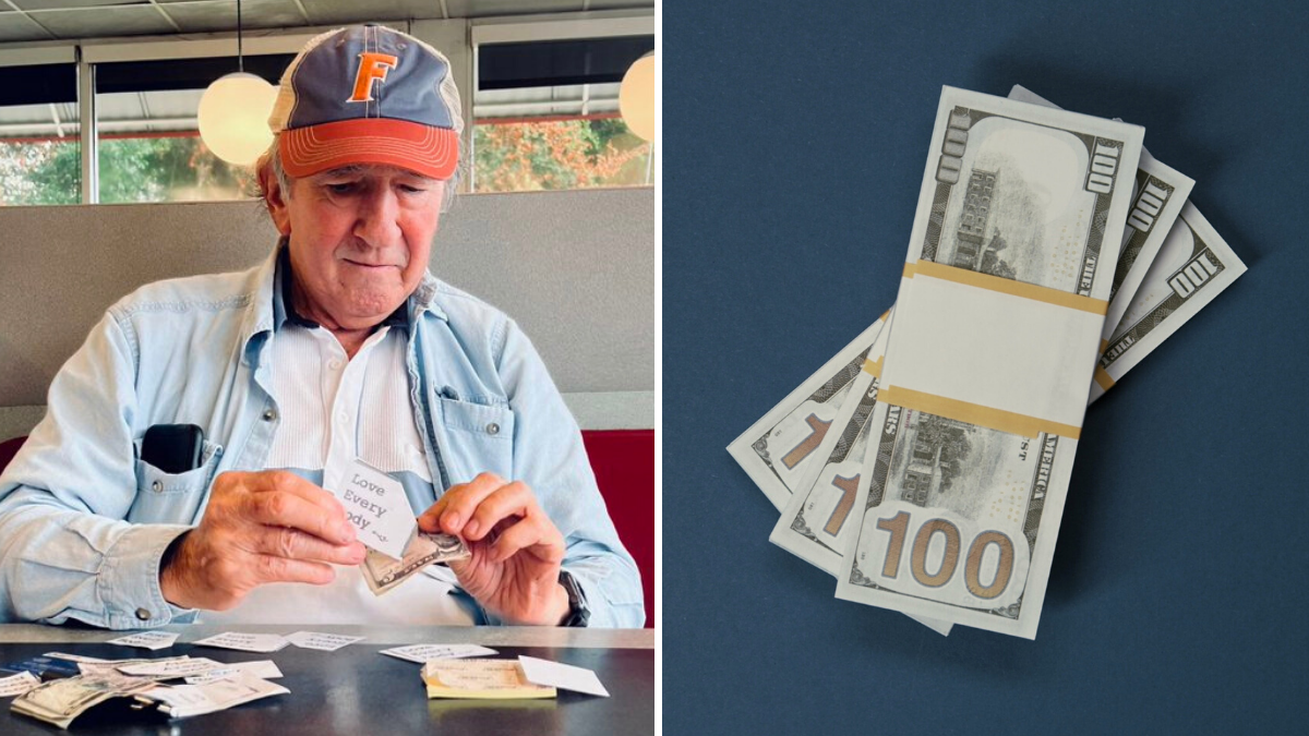 elderly man counting money and a money on a table